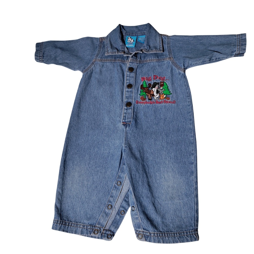 Vintage Little Big Dogs Denim Romper Blue Embroidered 6-12 Months